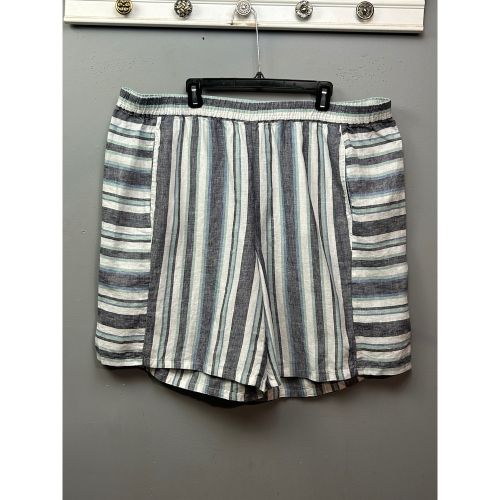 Coldwater Creek Shorts Women 2X Blue White Striped Linen Elastic Waist Pockets